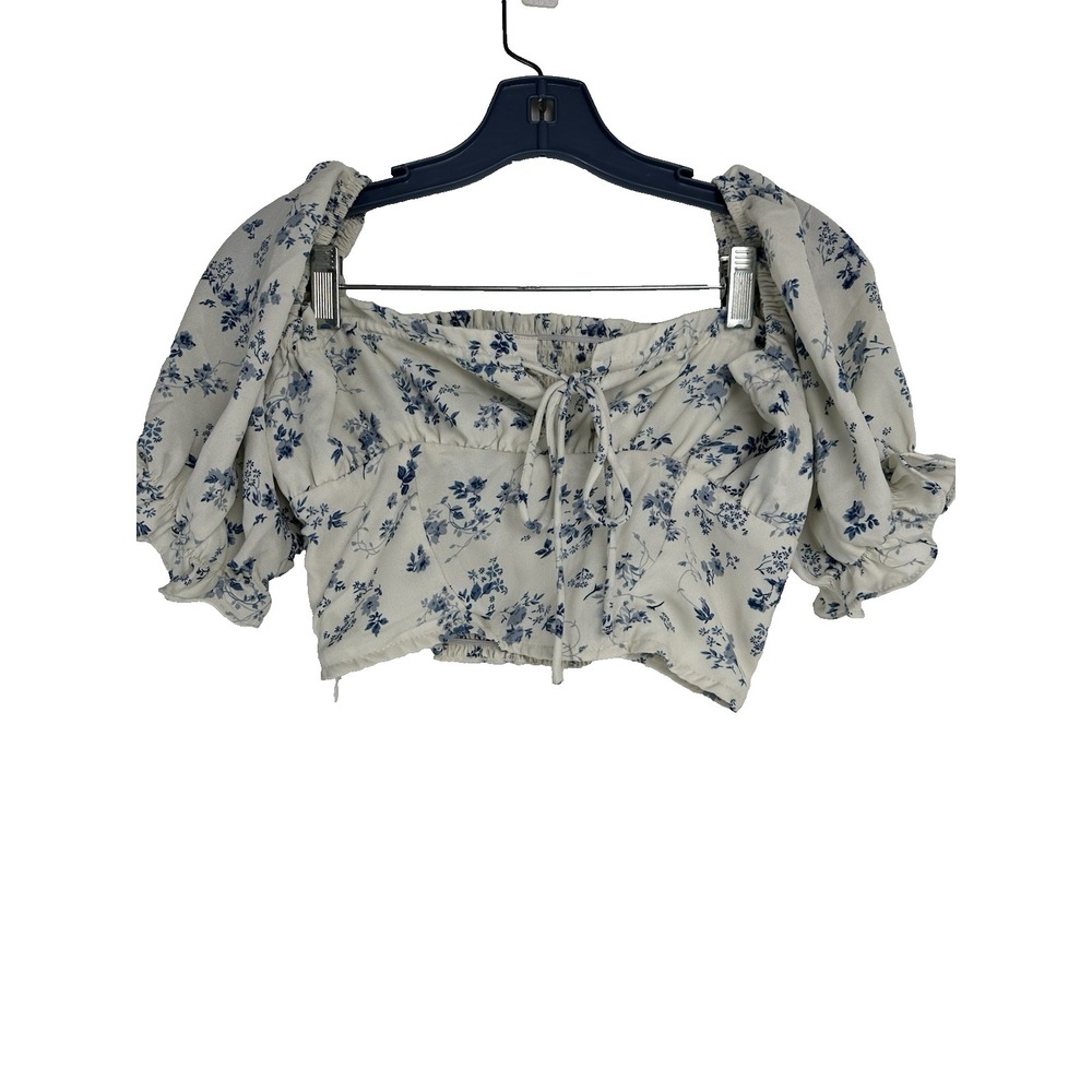 Commense Top Size Large Cream Blue Cropped Floral Milkmaid Coquette Puff Sleeve